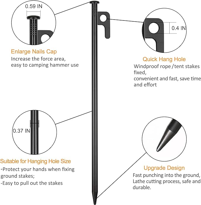 4 Pack Tent Stakes Heavy Duty Metal Tent Pegs for Camping Steel Tent Stakes 12 inch Unbreakable and Inflexible