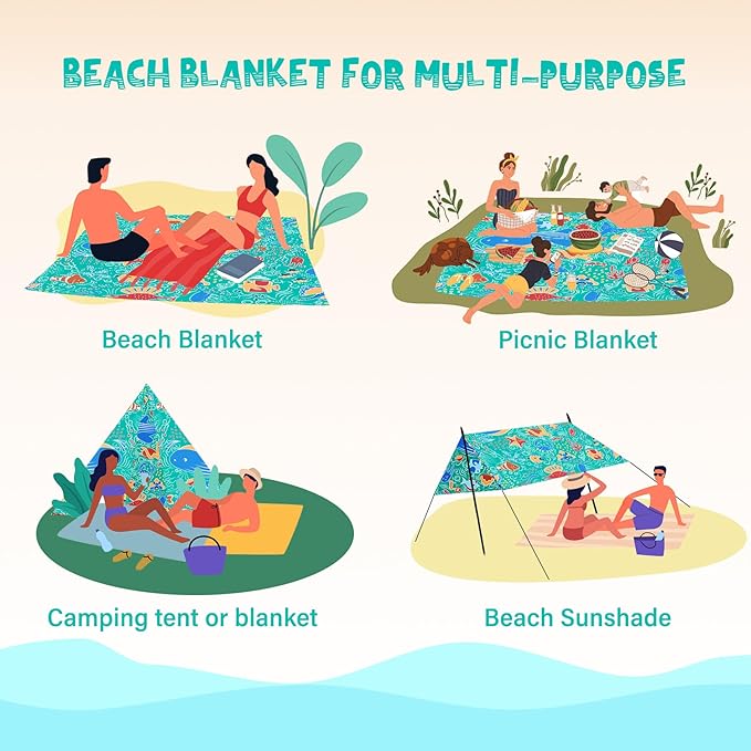 Beach Blanket Waterproof Sandproof 1-7 Adult Oversized 78 '' × 81 '' Lightweight Durable Compact Sand Free Beach Mat for Travel Camping Hiking Picnic Blanket Extra Large