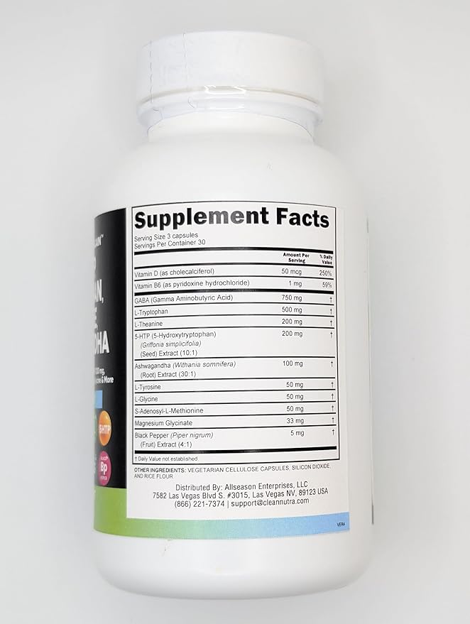 Clean Nutraceuticals GABA 750mg 5 HTP 200mg L Tryptophan 500mg L Theanine 200mg Ashwagandha SAM-e L-Glycine - Mood Support Vitamins for Women and Men with L-Tyrosine 5-HTP (5-Hydroxytryptophan)