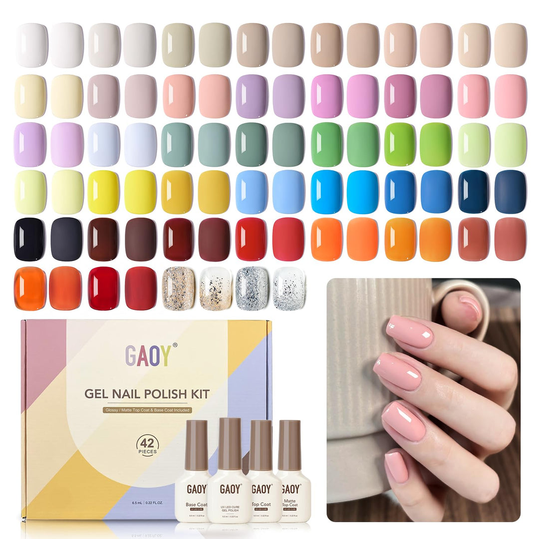 GAOY 42 Pcs Gel Nail Polish Kit, Nude Green Pink Blue Jelly Red Glitter Colors All Seasons Gel Nail Polish Set with Glossy & Matte Top Coat and Base Coat for Salon and DIY Manicure at Home