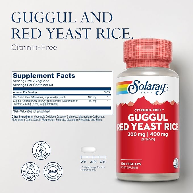 SOLARAY Guggul Gum Extract & Red Yeast Rice - Healthy Cardiovascular Function Support - Lab Verified - 60 Servings, 120 VegCaps