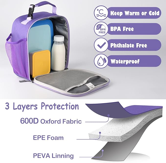 Lunch Box Kids,Premium Insulated Lunch Bag for Girls Boys Teen Women,Soft Bag Mini Cooler Back to School Thermal Reusable Lunch Bag for Work School Picnic (Purple)