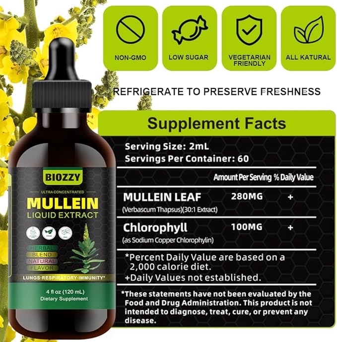 Generic Mullein Drops for Lungs | Mullein Leaf Extract for Respiratory and Lungs Support | Mullein Extract Supplement Liquid