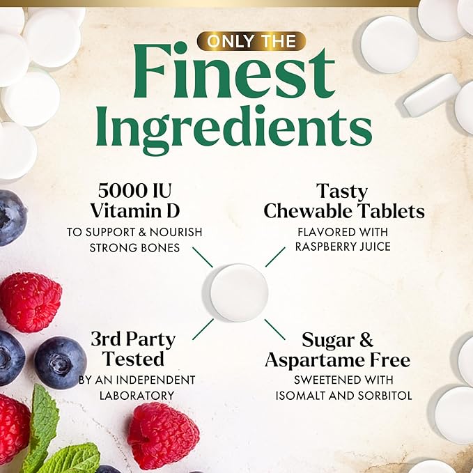 Vitamin D3 5000 IU (125 mcg) - Chewable Vitamin D Supplements for Bone, Teeth, Muscle & Immune Support, Sugar Free, Non-GMO, Gluten Free, Nature's Extra Strength D3 Vitamin - 120 Chewable Tablets