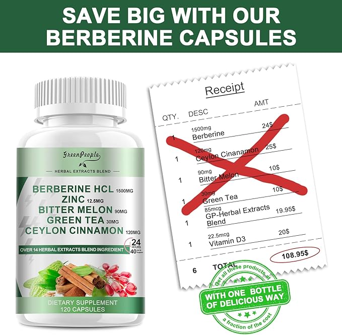Berberine Supplement with Ceylon Cinnamon - 120 Count Berberine 1500mg Activates AMPK & GLP-1 Berberina HCL with Bitter Melon & Natural Herbs for Immune Support/Energy