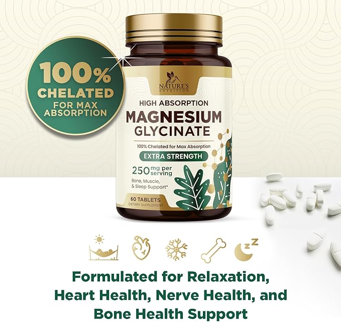 Magnesium Glycinate 250 mg, 100% Chelated Magnesium Supplement - High Absorption Magnesium for Muscle, Heart, Bone and Nerve Health Support, Nature's Gluten Free, Vegan, Non-GMO Capsules - 60 Count