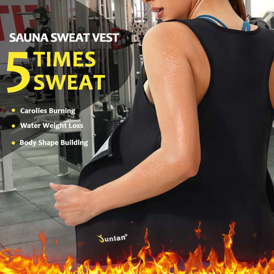 Junlan Sauna Suit for Women Waist Trainer Vest for Women Sweat Tank Top Shaper for Women with Zipper (Black, Small)