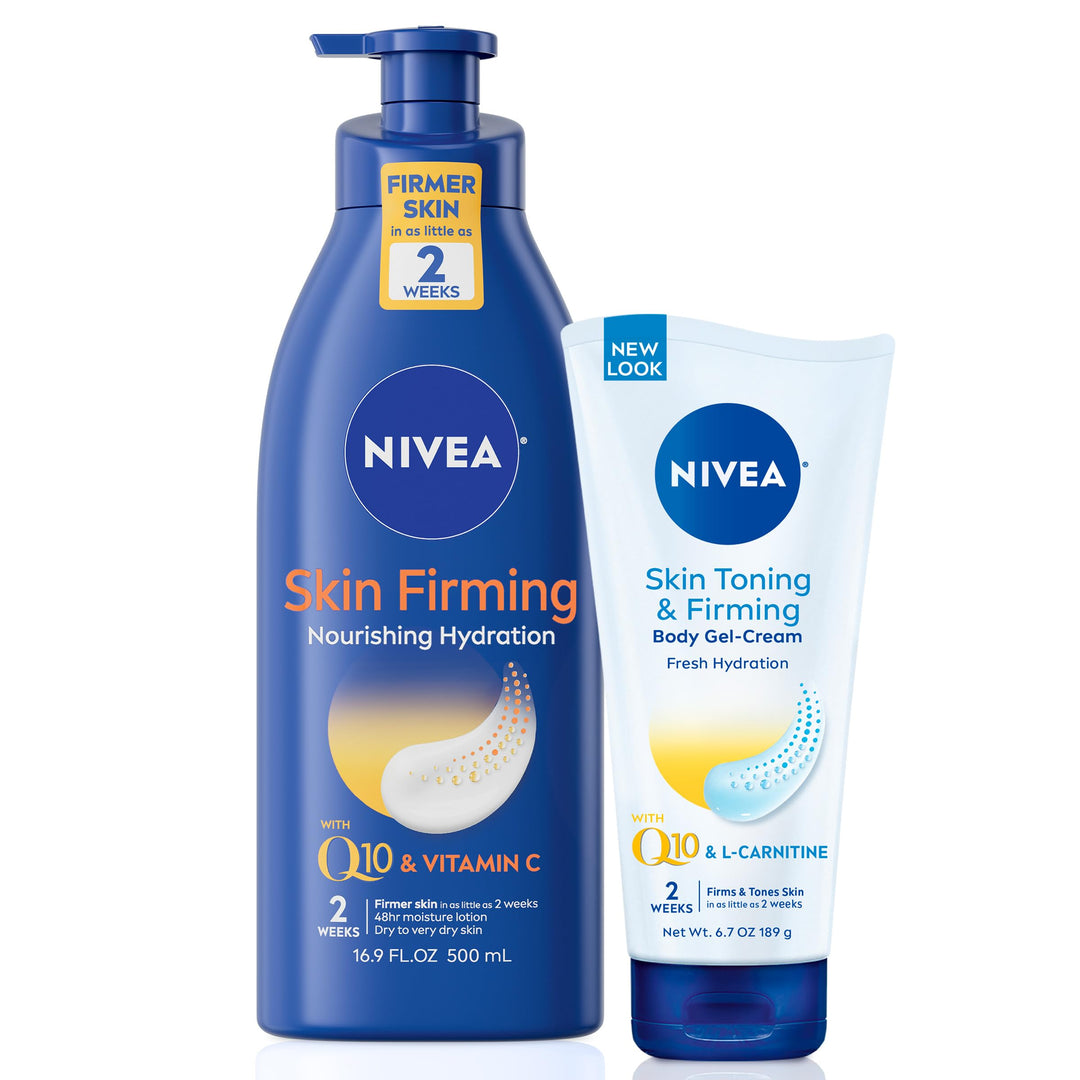 Nivea Skin Firming Nourishing Hydration Body Lotion With Q10 & Vitamin C (16.9 Fl Oz) + Skin Toning And Firming Body Gel Cream W