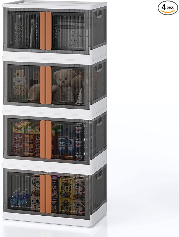 19Gal Collapsible Storage Bins with Lids & Wheels - 4 Pack Stackable with Doors, Heavy-Duty Plastic Containers for Home/Office, White