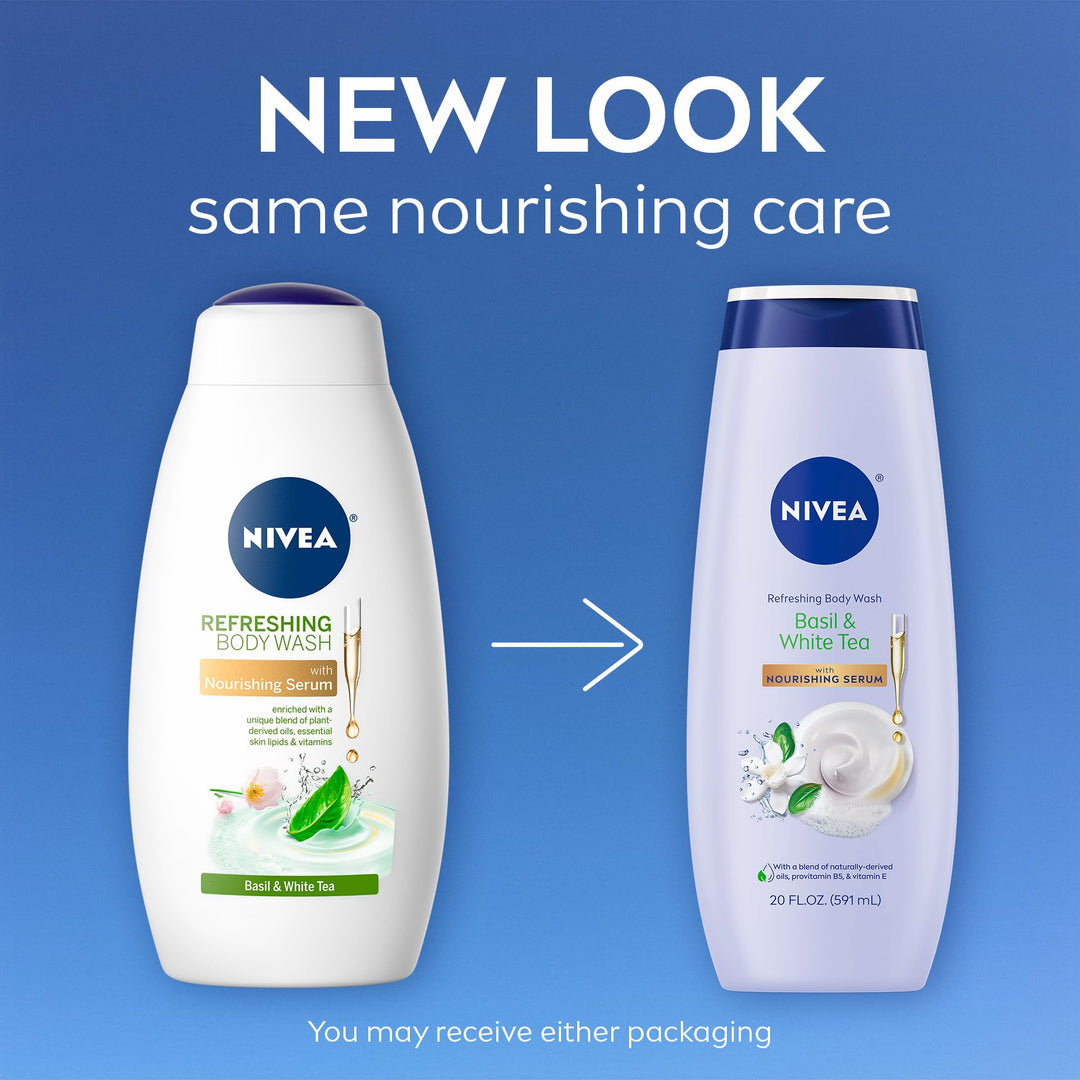 NIVEA Refreshing Basil and White Tea Body Wash with Nourishing Serum, Scented Body Wash for Women, Enriched with Provitamin B5 and Vitamin E, 20 Fl Oz Bottle