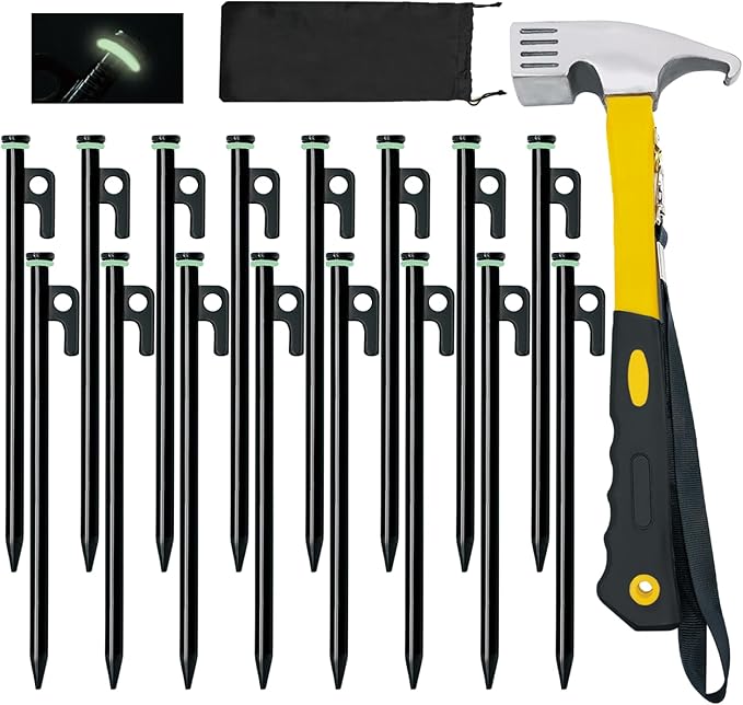 16 Pack Tent Stakes with Hammer, 8in Heavy Duty Tent Stakes + 10in Tent Stakes Hammer+Storage Pouch, Forged Steel Tent Stakes for Camping Used on Rocks(16Pcs 8in Tent Stakes and Hammer)