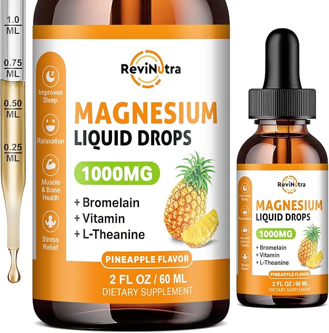 Magnesium Glycinate Liquid Drops, 1000mg of Magnesium Glycinate, Citrate & Threonate for Sleep, Nerve, Energy, Muscle, Bone, Calm & Digestion, High Absorption, 2 Fl Oz, Sugar-Free Pineapple Flavor