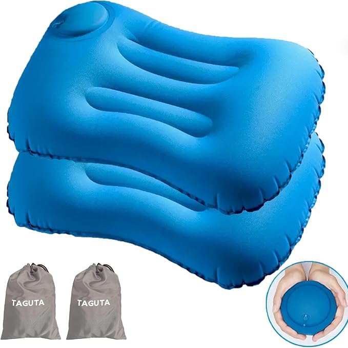 2Pcs Inflatable Camping Travel Pillow Compressible Compact Comfortable Ergonomic Inflating Pillows for Neck & Lumbar Support While Hiking Camping Backpacking Working(Blue)