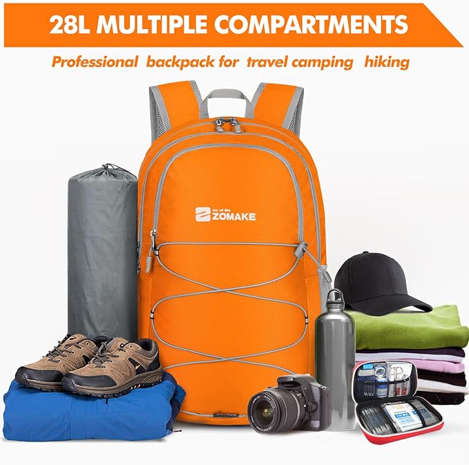 ZOMAKE Lightweight Packable Backpack 28L, Foldable Backpacks Water Resistant Collapsible Day Bag Light Daypack for Hiking