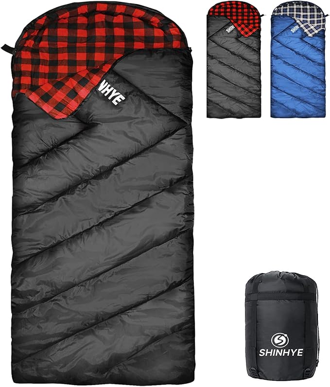 ShinHye 0 Degree Sleeping Bag for Adults - Cotton Flannel 4 Season Cold Weather Winter, XXL Big and Tall Camping Sleeping Bag with Compression Sack