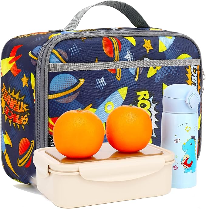FlowFly Kids Lunch box Insulated Soft Bag Mini Cooler Back to School Thermal Meal Tote Kit for Girls, Boys, Outer Space Rocket Ships in Dark Navy Blue