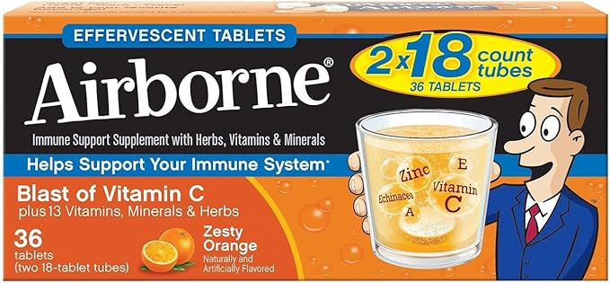 Vitamin C 1000mg (per serving) - Airborne Zesty Orange Effervescent Tablets (36 count in a box), Gluten-Free Immune Support Supplement and High in Antioxidants