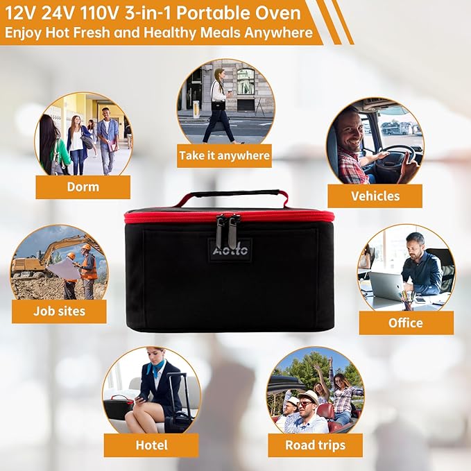 Aotto Portable Oven, Electric Lunch Box Food Heater - 12V/24V/110V 3-in-1 Car Food Warmer - Heated Lunch Box for Adults - Cook, Reheat & Keep Meals Warm for Car, Truck, Travel, Work, Home - Black Red