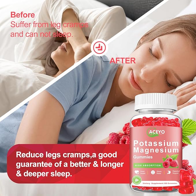 2 Pack Potassium Magnesium Gummies for Adult Kids High Absorption Leg Cramps & Muscle & Heart Health Immune Health Raspberry Magnesium Gummies Chewable Gummy Supplement Vegan Non-GMO