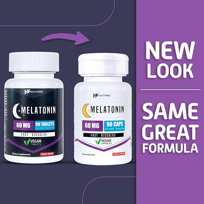 Melatonin 60mg | 90 Veg Capsules | Gluten-Free | Non-GMO | Unflavored | Made in USA