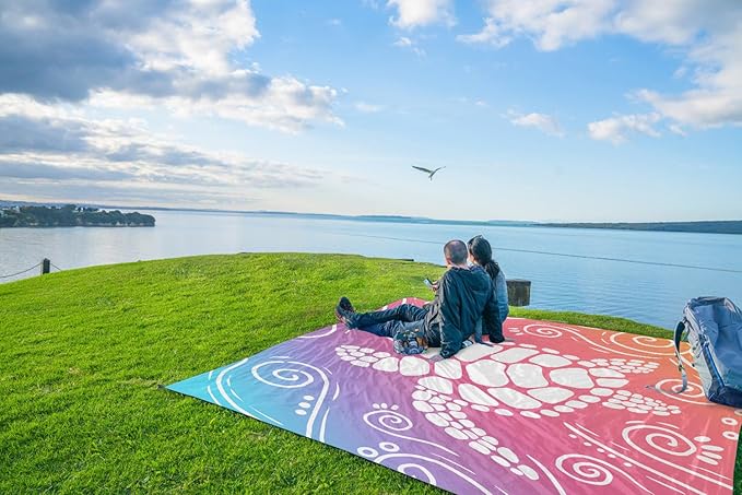WEKAPO Beach Blanket Waterproof Sandproof Oversized Extra Large Sand Free Beach Mat with Stakes, Storage Bag - Essentials for Outdoor Beach, Picnic (Pinkish Purple Sea Turtle, 11 X 9 FT (1~10 Person))