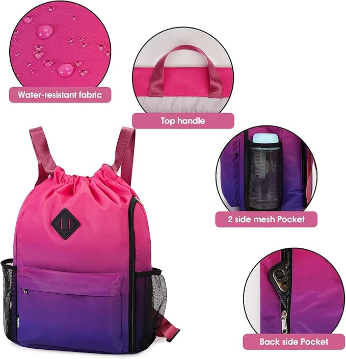 WANDF Drawstring Backpack Sports Gym Bag with Shoes Compartment, Water-Resistant String Backpack Cinch Bag for Women Men (Rose Gradient)
