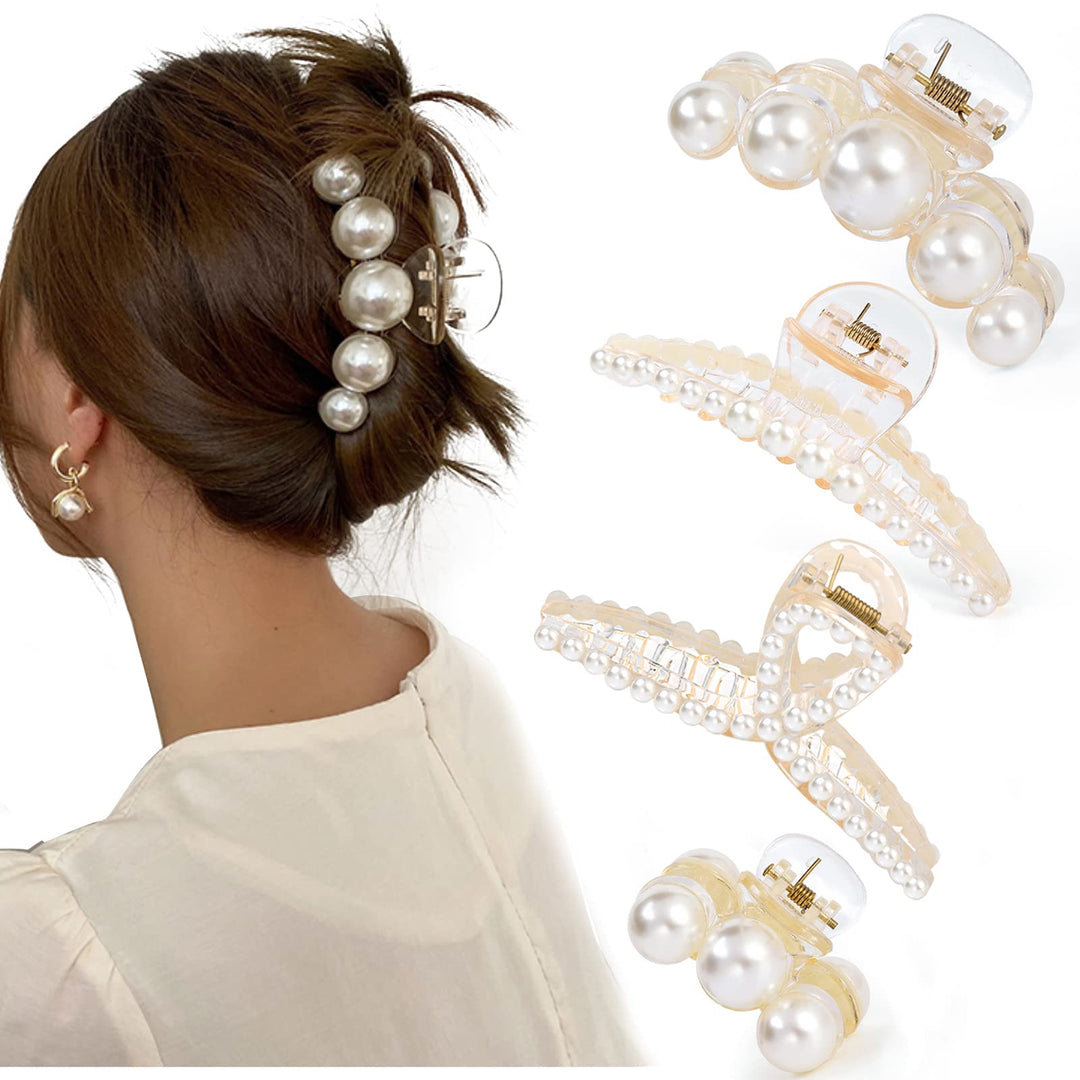Mehayi 4 Pcs Large Pearl Hair Claw Clips For Women Girls, Hair Barrette Clamps For Thick Thin Hair, Fashion Hair Accessories Hea