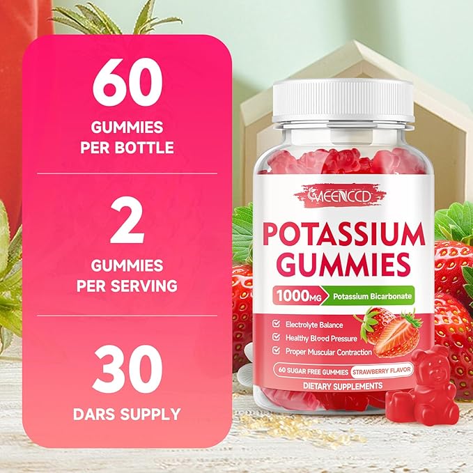 Potassium Gummies 1000mg, Potassium Bicarbonate Supplement for Adults & Kids, Potassium Supplement for Electrolyte Balance & Muscle Heath, Sugar-Free, Strawberry Flavor, 60 Count