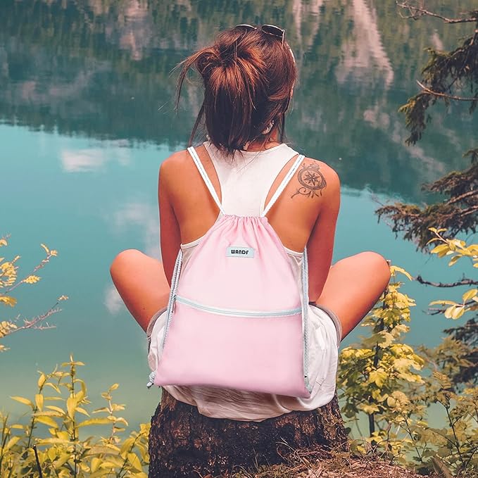 WANDF Drawstring Backpack String Bag Sackpack Cinch Water Resistant Nylon for Sport Yoga Gym Shopping (Light Pink)