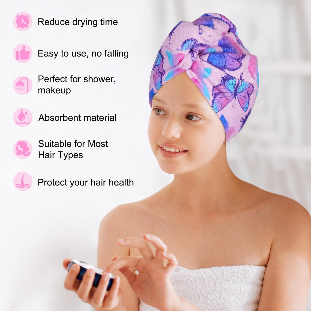 Basumee Microfiber Hair Towel Wrap for Kids 2 Pack - Rapid Drying Turbans With Button for Wet Hair - Head Towel Wrap for Women and Girls, Blue Pink Butterfly