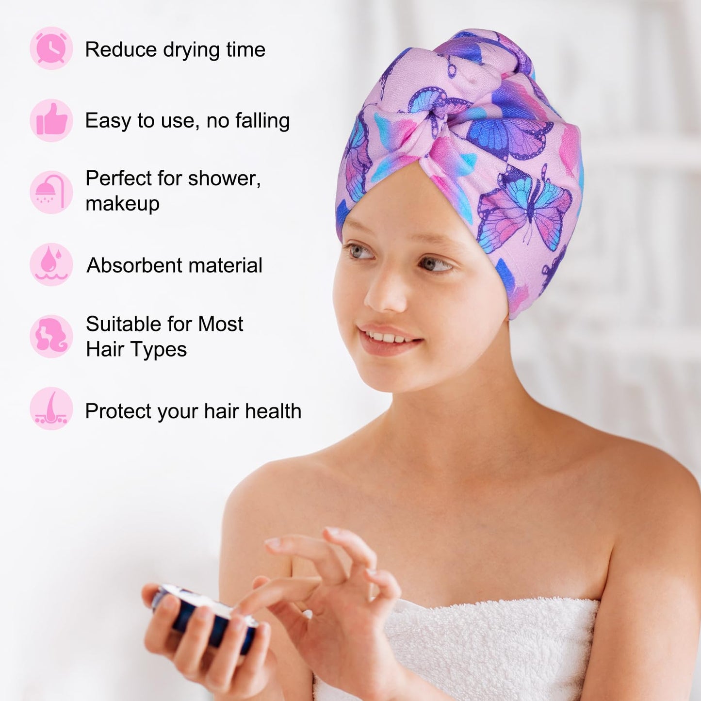 Basumee Microfiber Hair Towel Wrap for Kids 2 Pack - Rapid Drying Turbans With Button for Wet Hair - Head Towel Wrap for Women and Girls, Blue Pink Butterfly