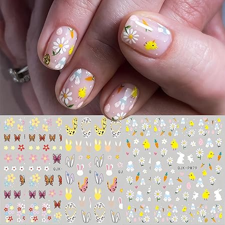 12 Sheets Easter Nail Art Stickers Decals Bunny Self-Adhesive Egg Supplies for DIY Decoration 3D Adhesive Accessories Women Designs
