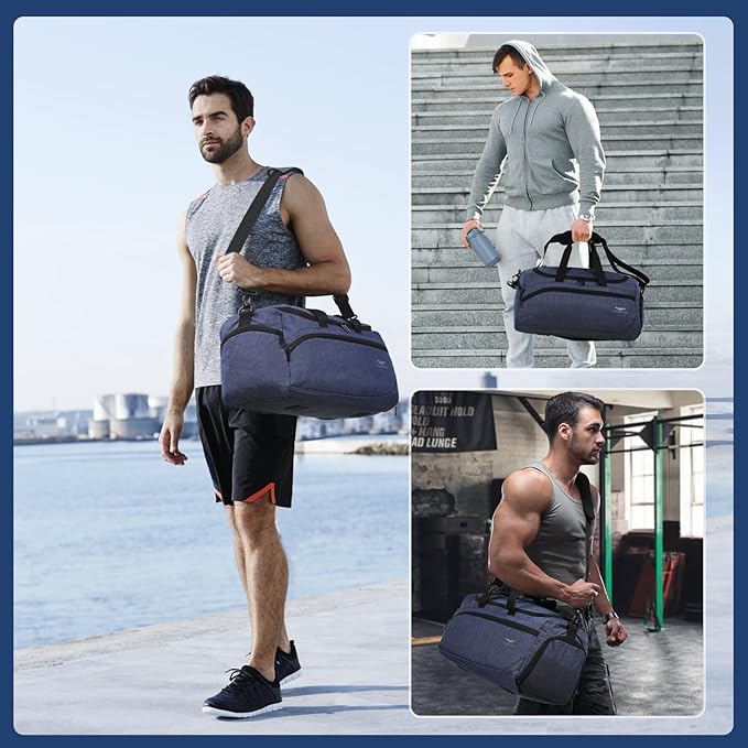 FIORETTO 35L Mens Sports Gym Bag with Toiletry Bag & Shoe Compartment, Travel Duffle Bag Overnight Bag with Padded Shoulder Strap, Sports Holdall for Swimming, Basketball Navy