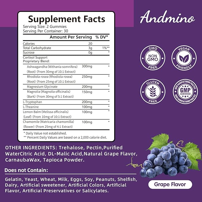 Cortisol Gummies for Women & Men, for Stress Relief & Sleep, Nighttime Cortisol Balance Support, with Trehalose, Non-GMO, Vegan, Gluten Free, Grape Flavor, 60