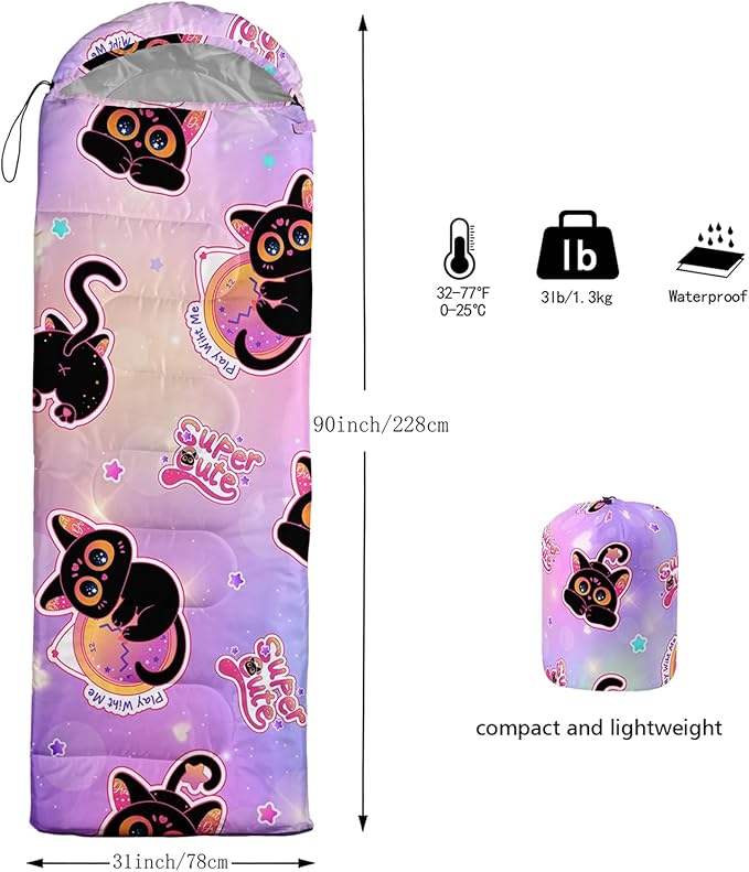 AILONEN Cartoon Fox Camping Sleeping Bag for Boys Girls Adults,Lightweight & Waterproof,3 Season Warm & Cold Weather,Portable,Kawaii Fox Printed Sleeping Bag,Traveling,Camping,Hiking
