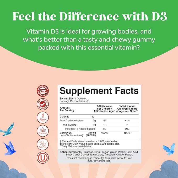 Chewable Vitamin D Gummies for Kids - Delicious Vitamin D 1000 IU Per Serving - Toddlers Immune Support Gummies - Berries Flavored Supplement for Bones Health & Muscles - Gelatin Free - 60 Chews