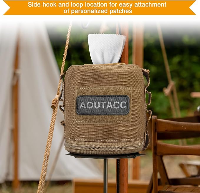 AOUTACC Tactical Roll Paper Storage Bag,Toilet Roll Paper Storage Holder with Molle Mounting Strap,Tissue Cover Organizer for Outdoor Camping,Hiking,Tactical Game-Brown