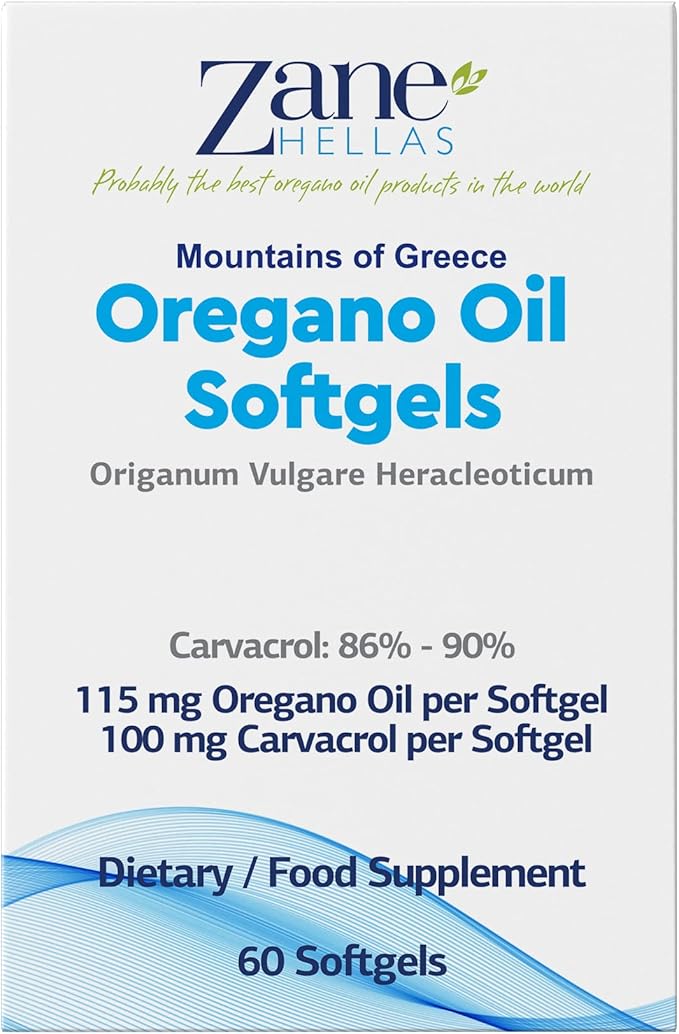 Zane Hellas Oregano Oil Softgels. Extra Strength. Every Softgel Contains 20% Greek Essential Oil of Oregano. 100 mg Carvacrol per Softgel. 60 Softgels.
