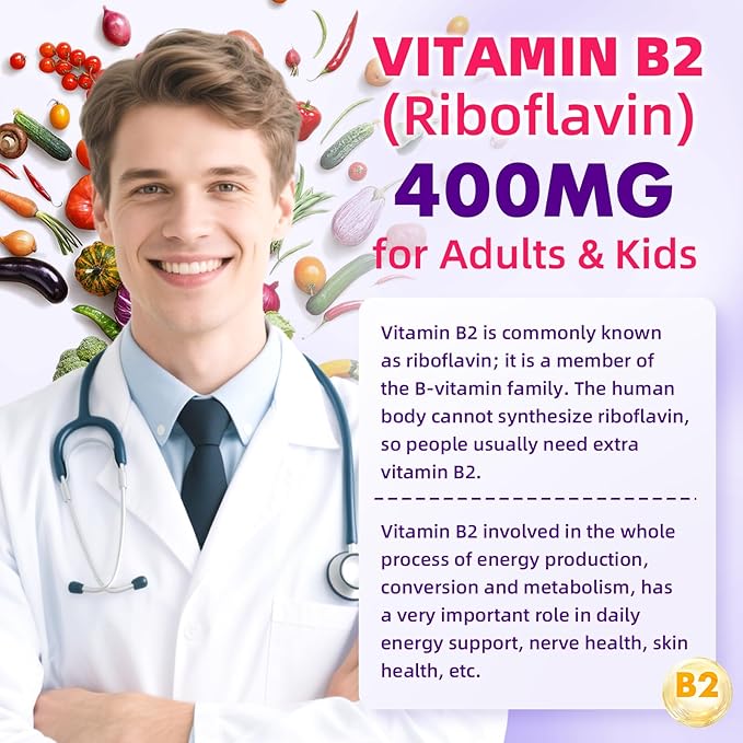 Vitamin B2 Gummies for Kids & Adults, VIT B2 Riboflavin 400mg Supplement with Magnesium for Migraine Relief & Nervous System Support, Non-GMO, Vegan, Raspberry Flavor 120 Count