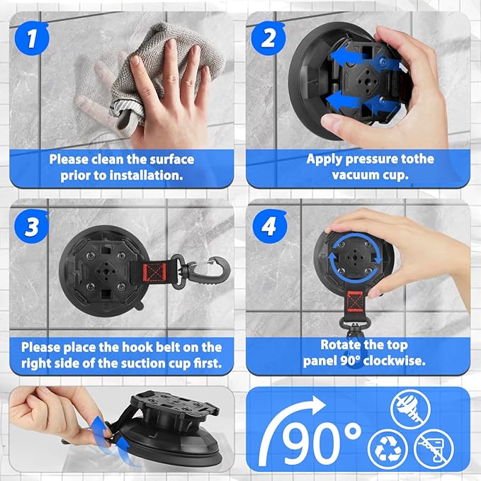 4PCS Upgrade Heavy Duty Rotating Vacuum Suction Cups Anchor Hooks With 4PCS Buckles ,Large Hook Suction Cup Hangers,Strong Suction Cup Hook for RV Awning Camping Outdoor,Window Suction Cups With Hook