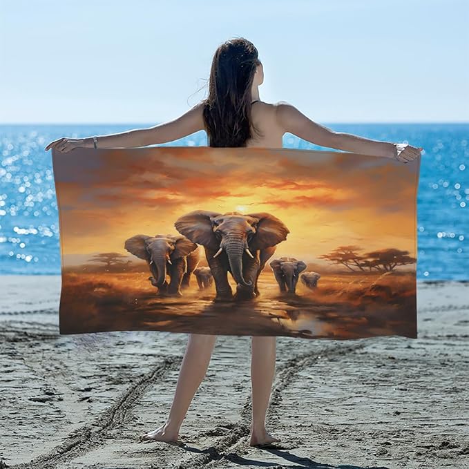 African Elephant Beach Towel Oversized Quick Dry Beach Blanket Microfiber Sand Free Absorbent Lightweight Sunset Elephant Pattern Bath Towel for Pool Travel Swimming Camping Women Men, 30" x 60"