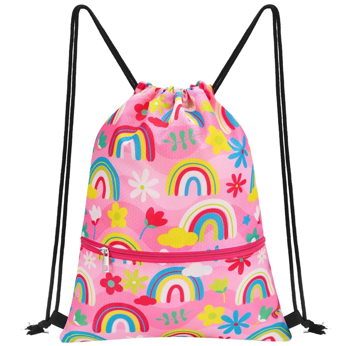WAWSAM Rainbow Drawstring Backpack for Kids - Gym DrawString Bag for kids Swim Bag Girls Dance Draw String Bag Waterproof Beach Sport Gym String Bags with Zipper Pocket Pink Cinch Backpack for Girls