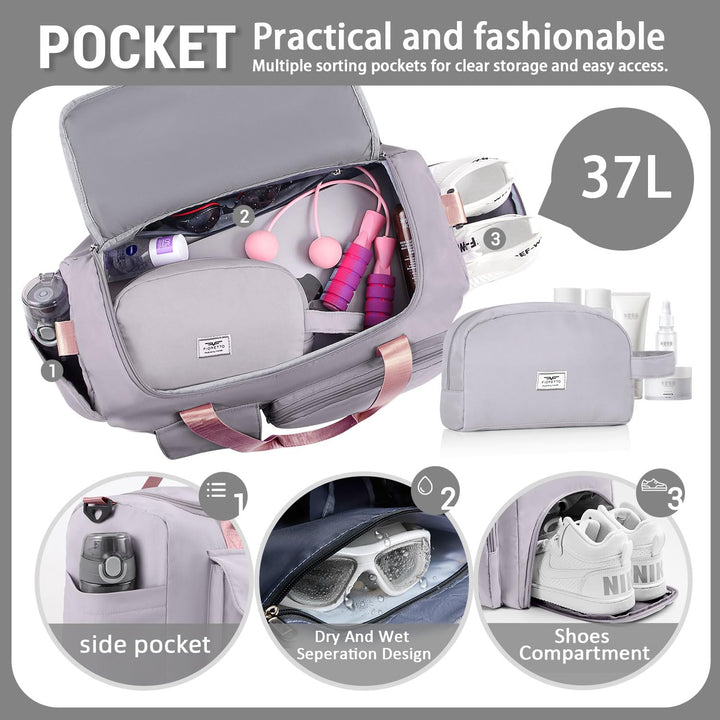 FIORETTO Women's Water-Resistant Gym Duffle Bag with Shoes Compartment, 37L Capacity, Multi-Functional, Ideal for Travel, Gym, Sports, Weekender, with Toiletry Bag, Grey & Pink