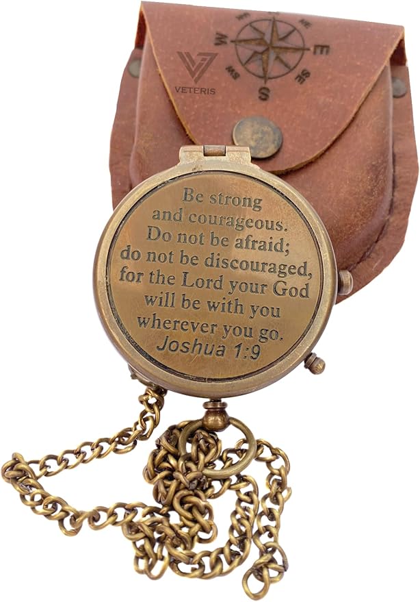 Be Strong & Courageous Brass Compass | Engraved Religious Joshua 1:9 Quote Birthday Gift, Baptism Confirmation Gifts idea for Boy Girl Men Women (Be Strong & Courageous)