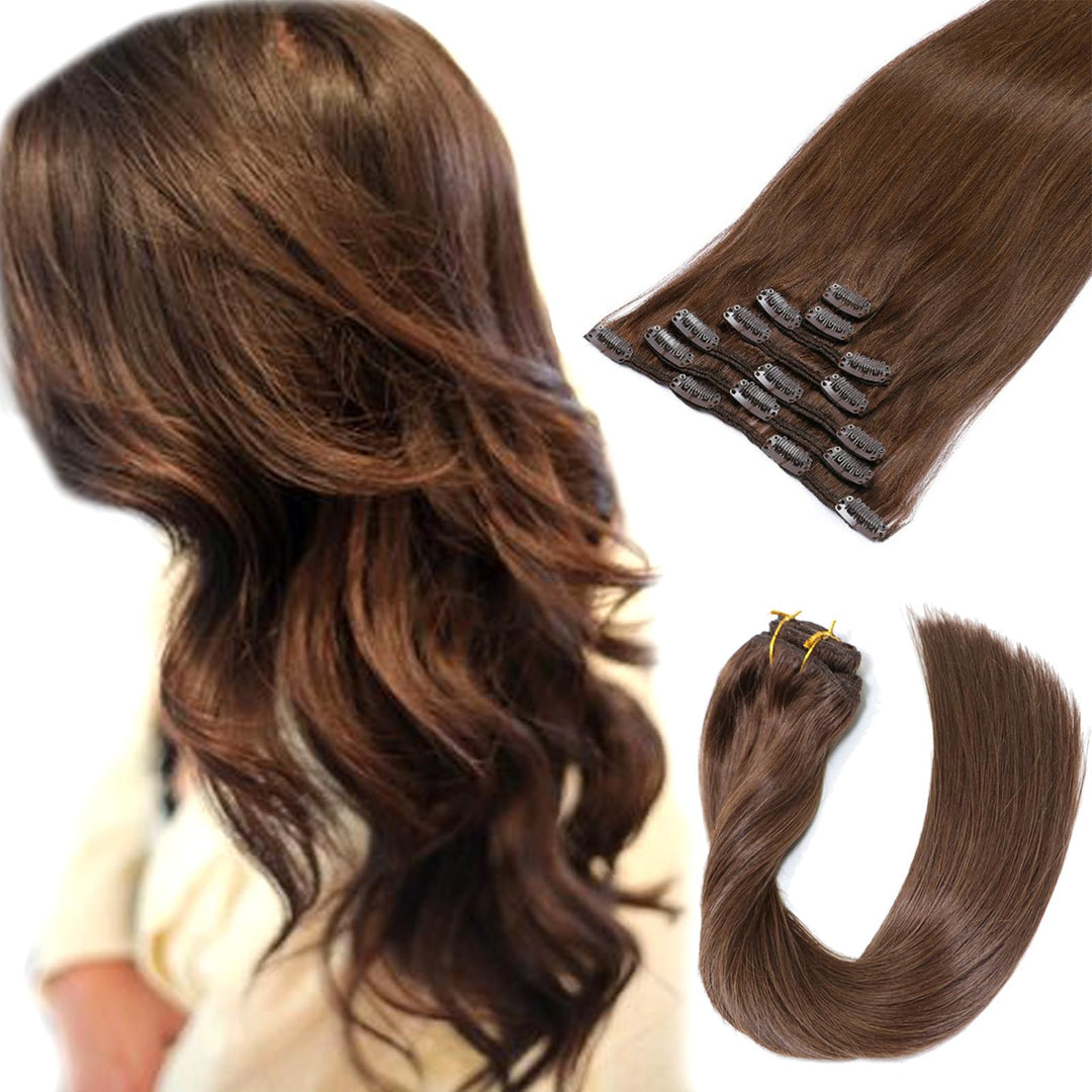 Clip In Hair Extensions, Human Hair Chocolate Brown Real Hair Extensions Clip In 7 Pieces 70G Silky Straight Double Weft Remy Ha