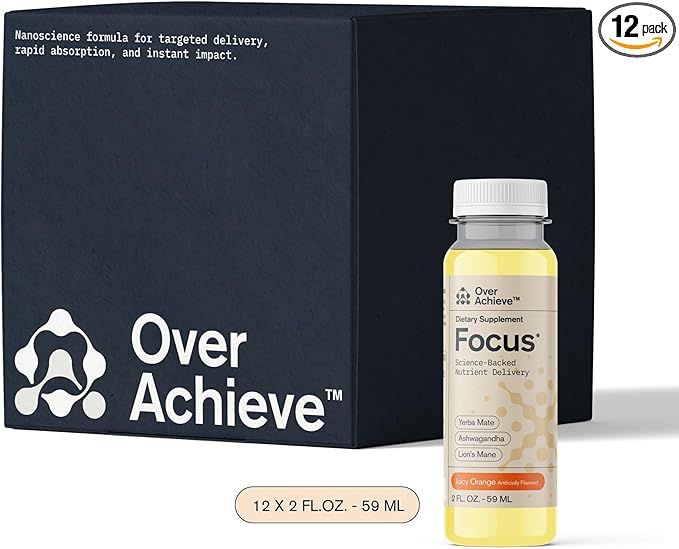 Focus Drink for Concentration- Contains Yerba Mate, Ashwagandha and Lions Mane Mushroom with Advanced Nanoscience Technology - 12 Pack Brain Focus Drink, Orange Flavor, 2oz