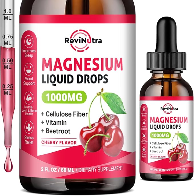 Magnesium Glycinate Liquid Drops, 1000mg Magnesium Glycinate, Citrate & Taurate with Fiber, Beetroot, Vitamin B & C for Sleep, Calm, Muscle, Energy & Relaxation, 2 Fl Oz, Sugar-Free Cherry Flavor