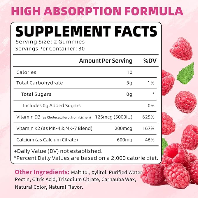 Pack of 2 Vitamin D3 K2 Gummies, D3 Vitamin 5,000 IU + K2 200mcg - Vegan K2 D3 Vitamin Supplement, Highly Absorbent Supports Bone, Muscle, Immune, Raspberry, 120 Count