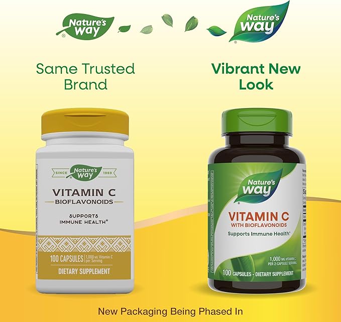 Nature's Way Vitamin C with Bioflavonoids, Immune Support*, High Potency Vitamin C per 2-capsule serving, Promotes Collagen*, 1,000 mg per 2-Capsule Serving, 100 Capsules (Packaging May Vary)