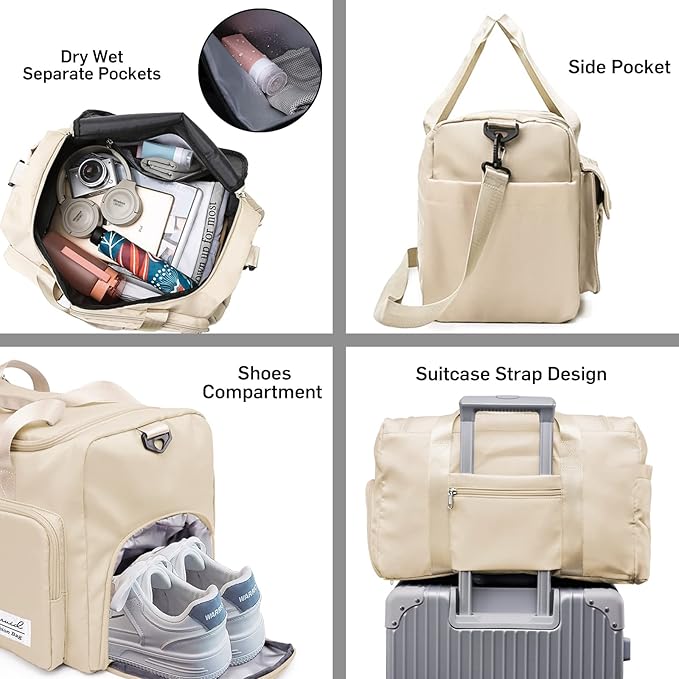 Sports Gym Bag with Shoes Compartment Travel Duffel Bag with Dry Wet Separated Pocket for Men and Women, Overnight Bag Weekender Bag Training Handbag Yoga Bag - Off White